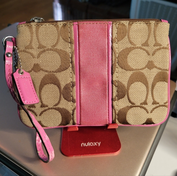 Coach Handbags - Coach Signature Pink and Tan Canvas Wristlet